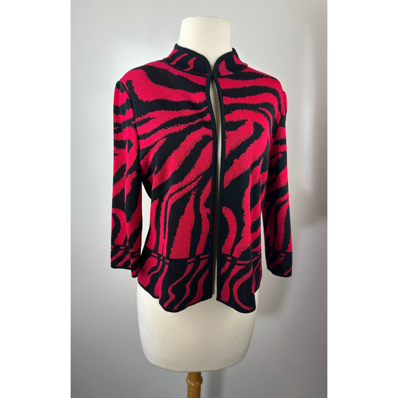 Ming Wang Open Front Knit Cardigan Jacket Red & Black Animal Print Tiger PM - Picture 2 of 16